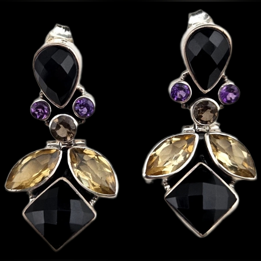 Nicky Butler 925 Sterling Silver Designer Onyx Citrine Amethyst Quartz Earrings